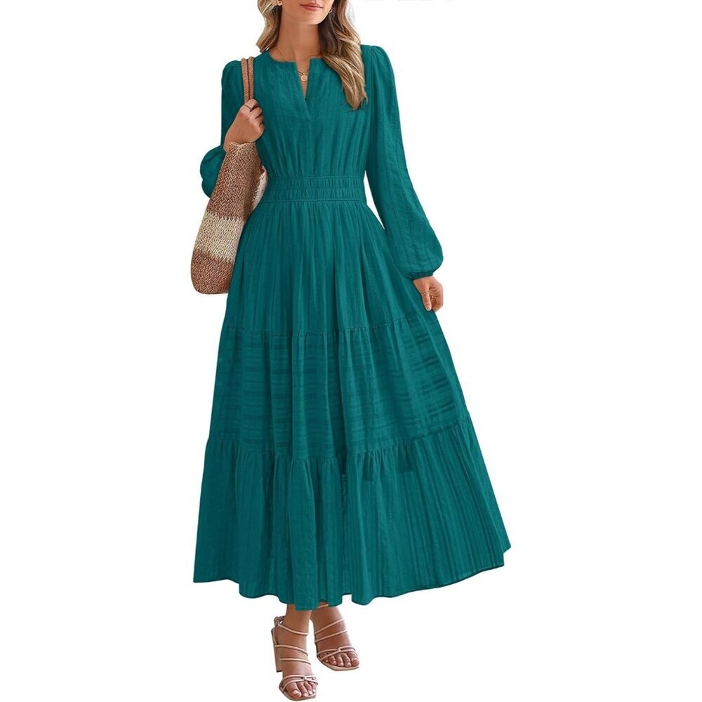 Women Malachite Long Sleeve V Neck Elastic Waist Lightweight Maxi Dress Pockets